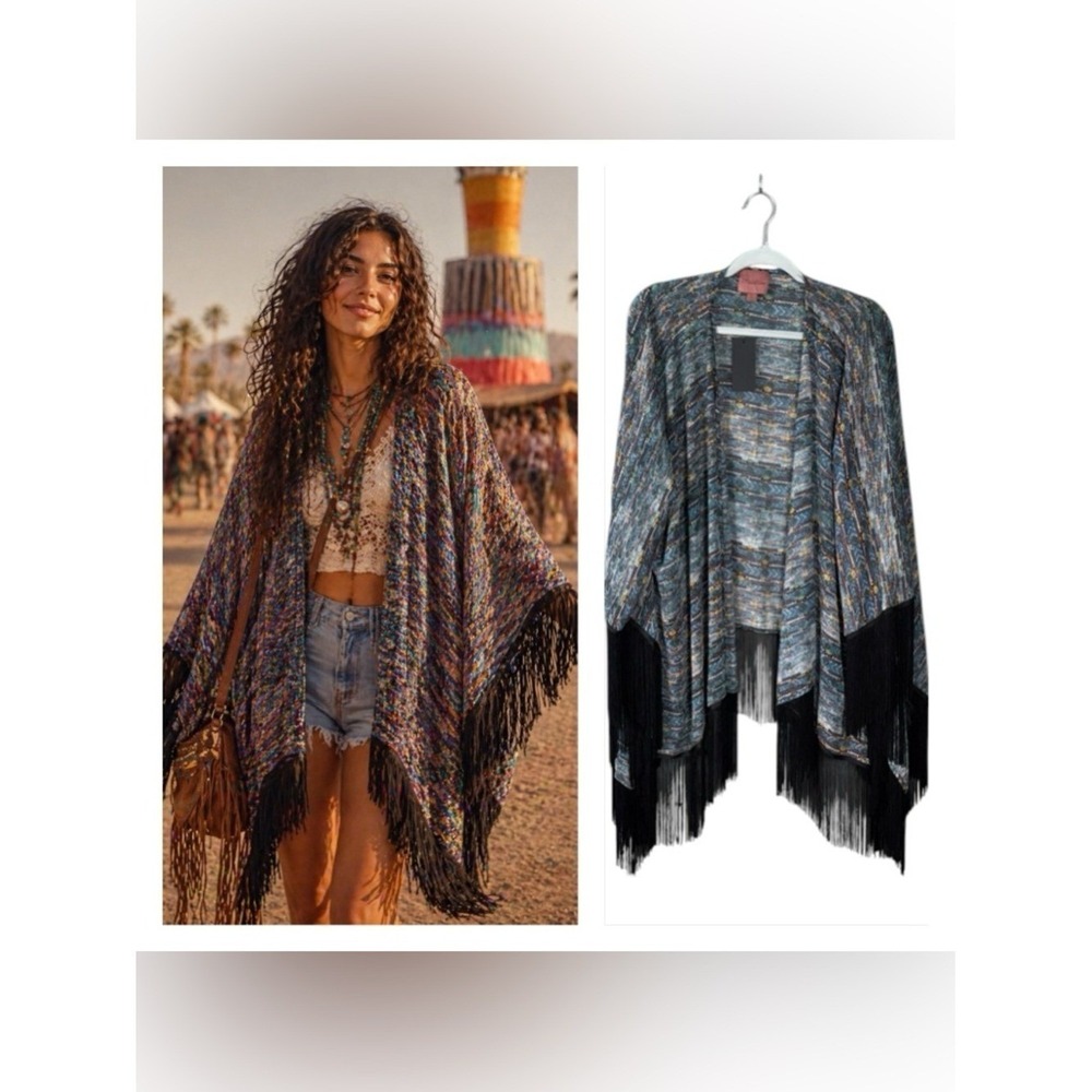 Bohemian Fringe Poncho Festival Kimono Size‎ Large coachella Western Hippie - Picture 2 of 7
